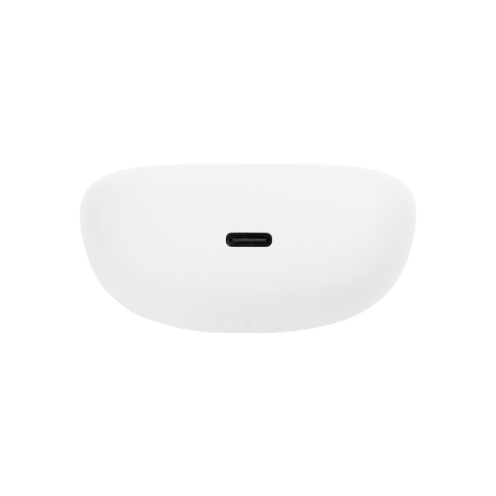White JBL Tune Beam charging case with USB-C charging port