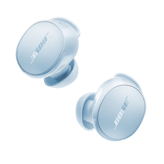Wireless noise-cancelling earbuds in light blue, earbuds with oval charging ports
