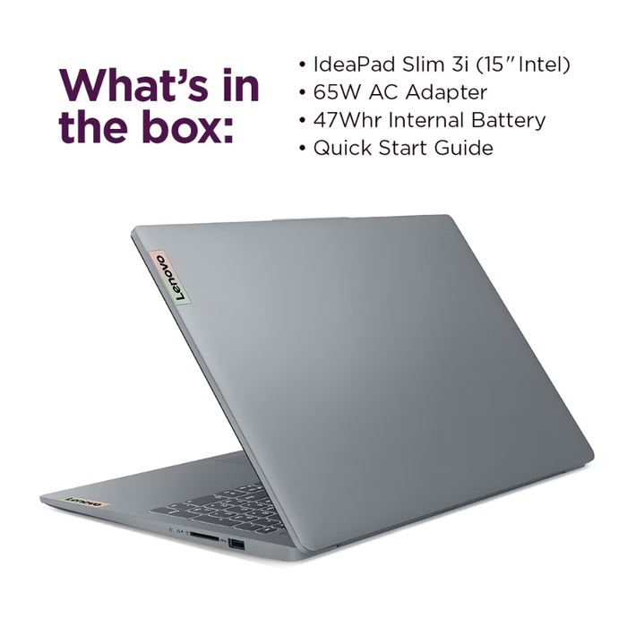 IdeaPad Slim 3i laptop with lid closed in arctic grey, showing rear logo