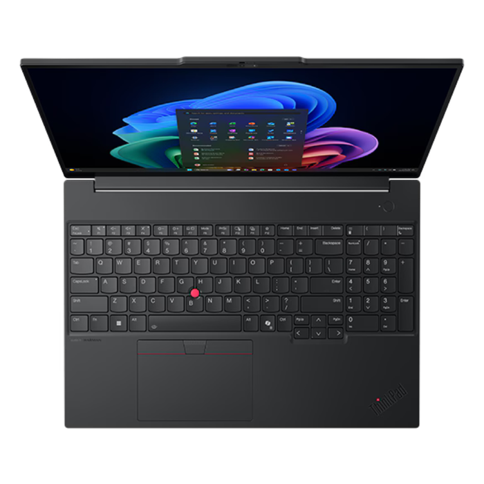 Lenovo ThinkPad E16 laptop top view, black keyboard and touchpad with red accents