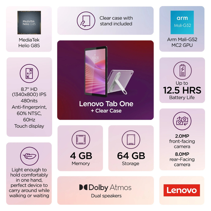 Lenovo Tab One 8.7" 64GB/4GB RAM Android 14 (ZAF00043US) (Includes Clear Case with Built-in Kickstand) Luna Grey (NEW)