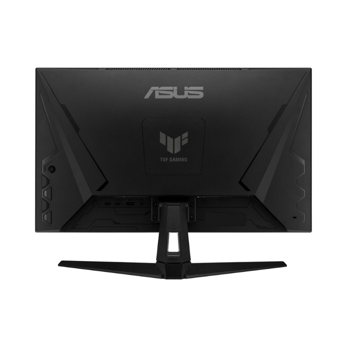 Black gaming monitor back view with ASUS marking and centered stand mount