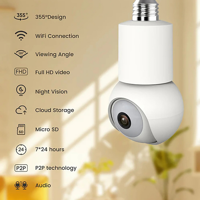 eco4life (SC-RIPC-2006) Wi-Fi 2K 1440p Smart PTZ Light Bulb Security Camera White (NEW)