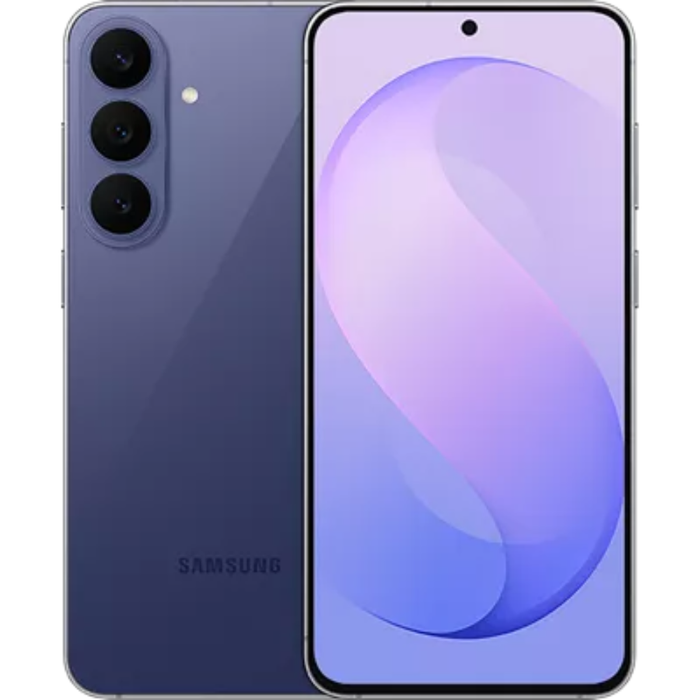Samsung 5G smartphone in blueberry, front and back view with triple rear cameras