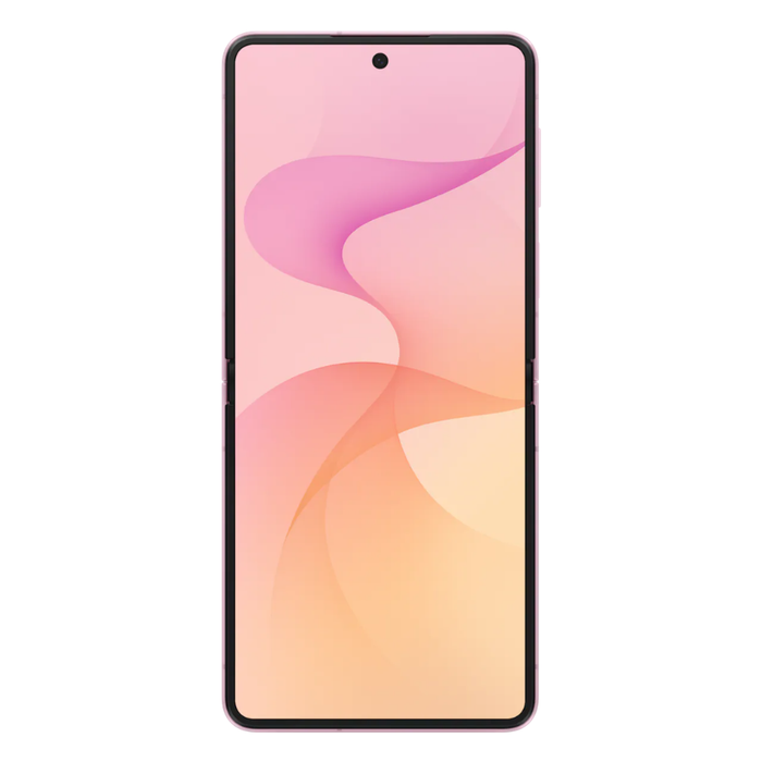Pink foldable 5G smartphone, closed front view