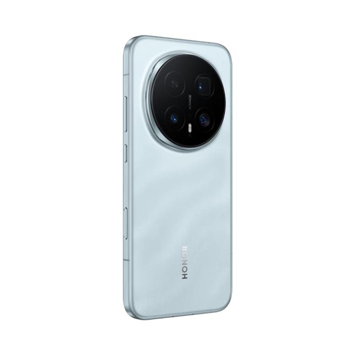 Honor Magic 8 Pro phone, Sky Cyan back view with side button edge