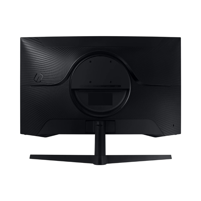 Black rear view gaming monitor with circular stand and textured back panel
