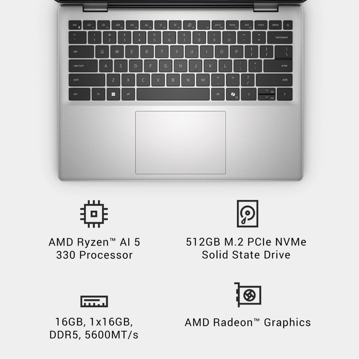Platinum silver laptop keyboard and large trackpad, showing 16GB DDR5 memory details
