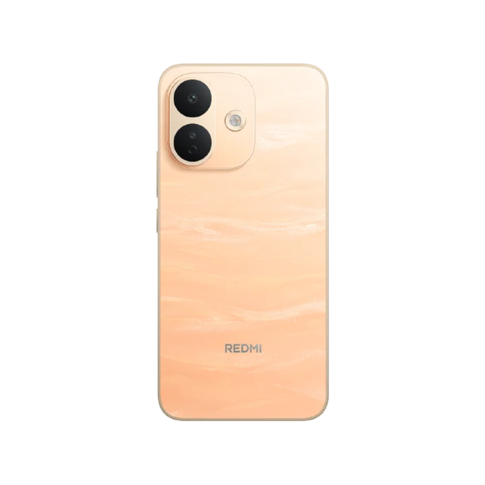 Satin orange smartphone back view with dual cameras and Redmi branding