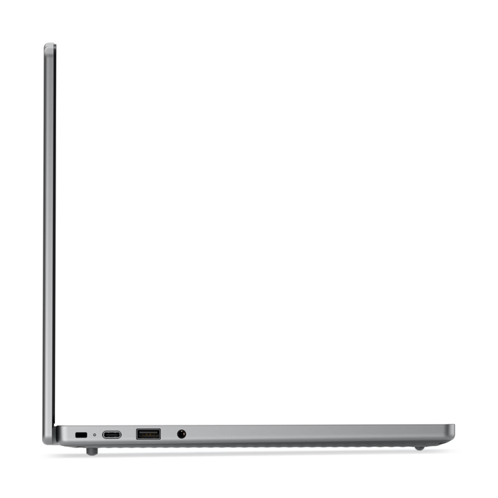 Luna Grey Chromebook laptop side view showing port cluster along the bottom edge.
