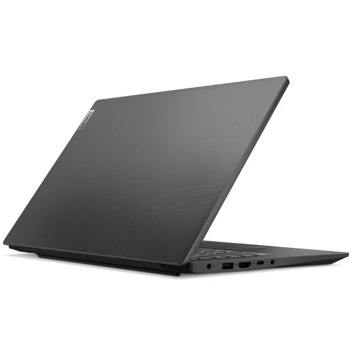 Black Lenovo laptop with lid closed, textured back panel and side ports