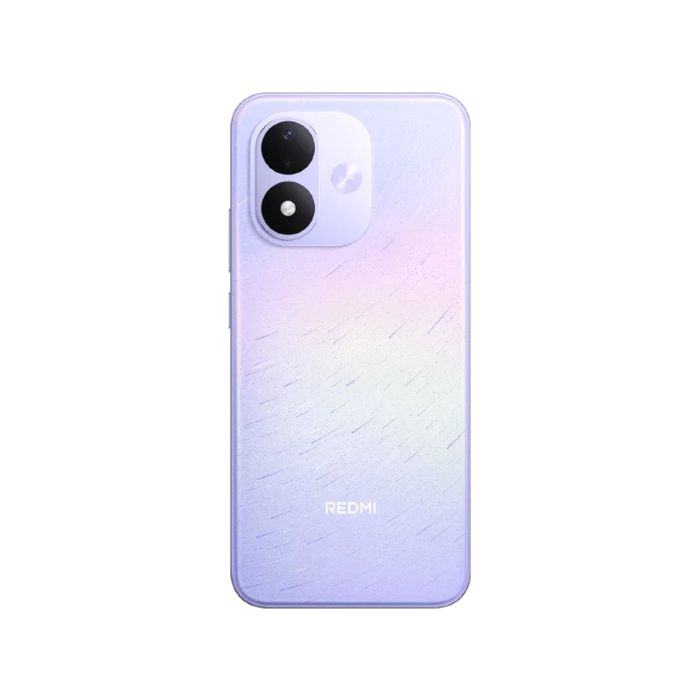 Celestial Purple smartphone back view with dual camera lenses and REDMI logo