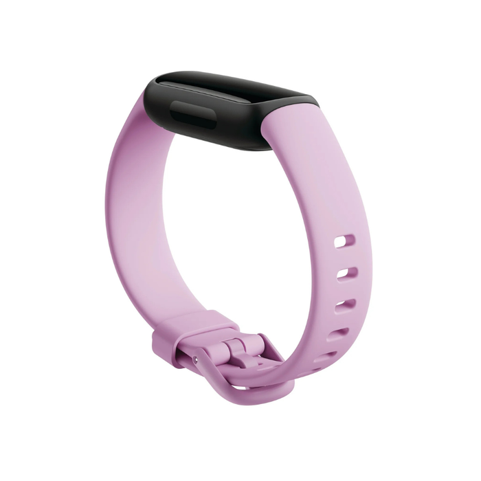 Fitbit Inspire 3 Lilac Bliss wearable, black watch face on light purple silicone band