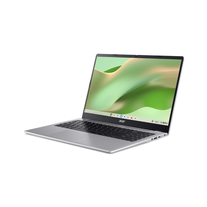 Acer Chromebook 315 laptop open, silver frame and black keys