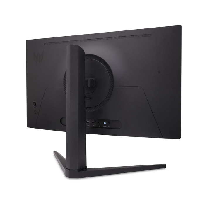 Black gaming monitor back view with central stand and control buttons.
