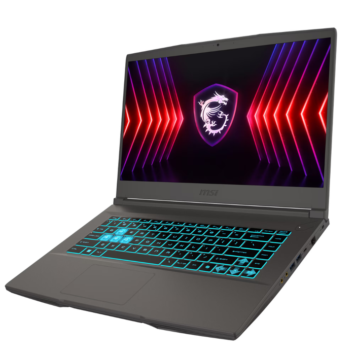 Black gaming laptop with blue backlit keyboard, open angled view