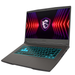 Black gaming laptop with blue backlit keyboard, open angled view