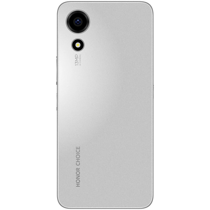 Silver smartphone back with dual rear cameras and fingerprint sensor