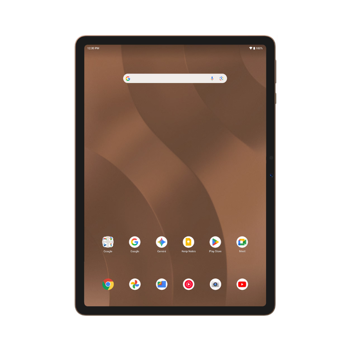 Onn 11-inch tablet with dark bezel, brown home screen icons on display