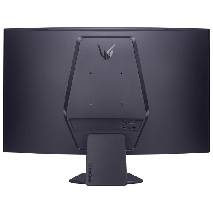 Back view of black 32" LG UltraGear gaming monitor with ports and stand