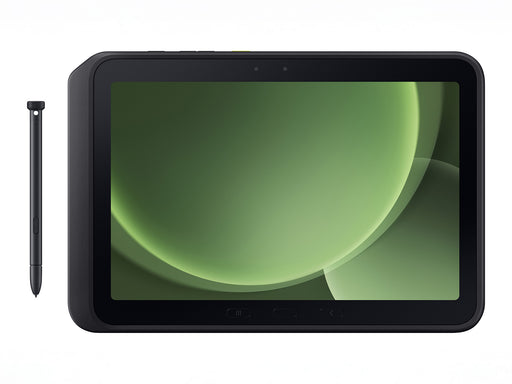 Rugged tablet with stylus, front view and green display