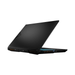 Black gaming laptop side view with visible ports and hinge, lid open