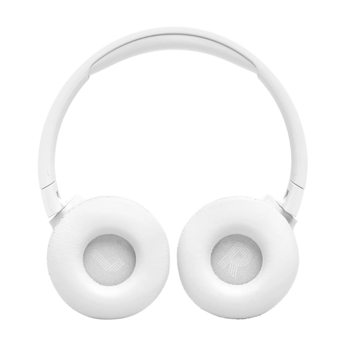 White ear cups with JBL logo on over-ear headphones