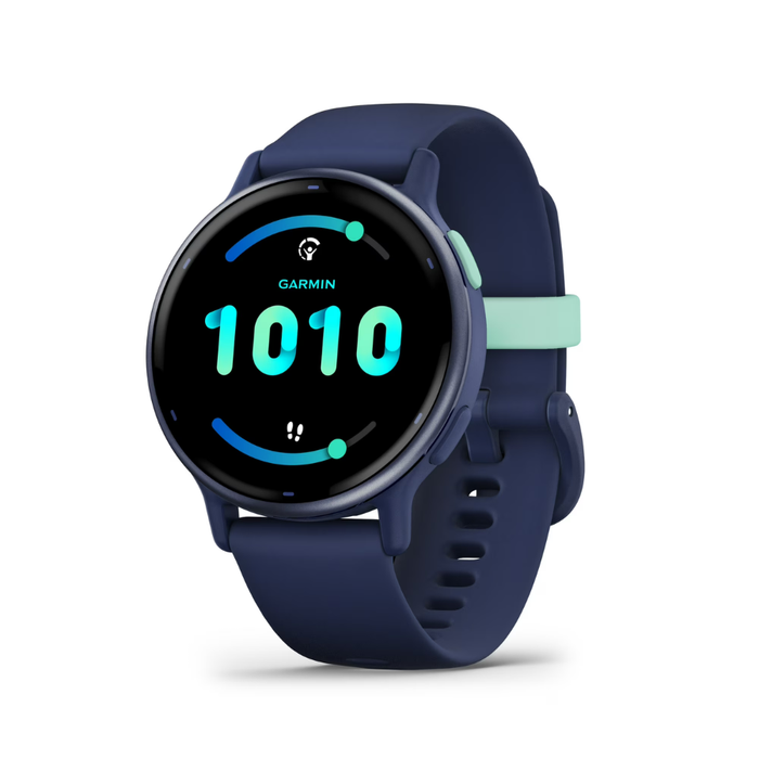 Garmin Vívoactive 5 GPS smartwatch, navy strap, teal 10:10 display