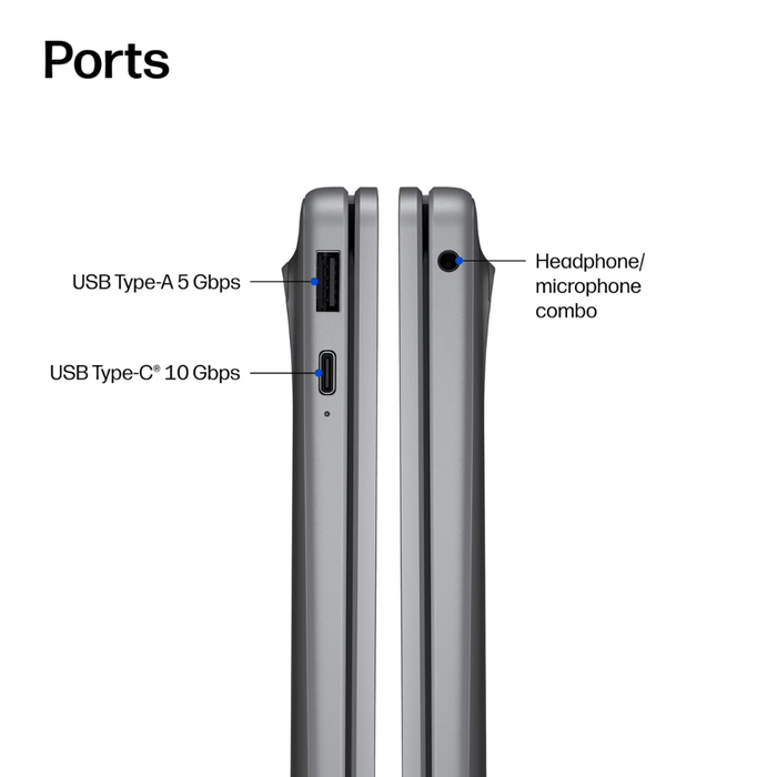 Meteor Silver laptop side ports with USB Type-A, USB Type-C, and headphone mic combo