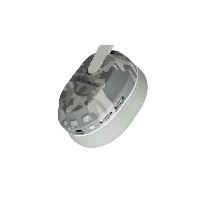 Wireless gaming headset with light gray camo earcup showing control buttons