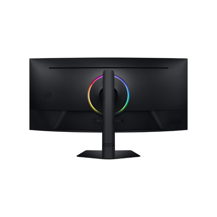 Black gaming monitor back with central stand and RGB light ring along the rear.