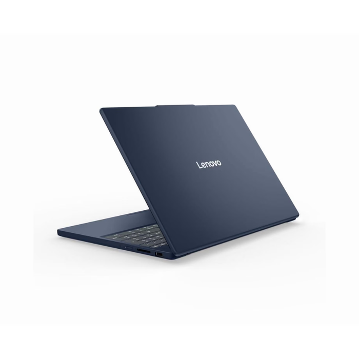 Cosmic Blue Lenovo laptop with lid closed, Lenovo logo centered on the back