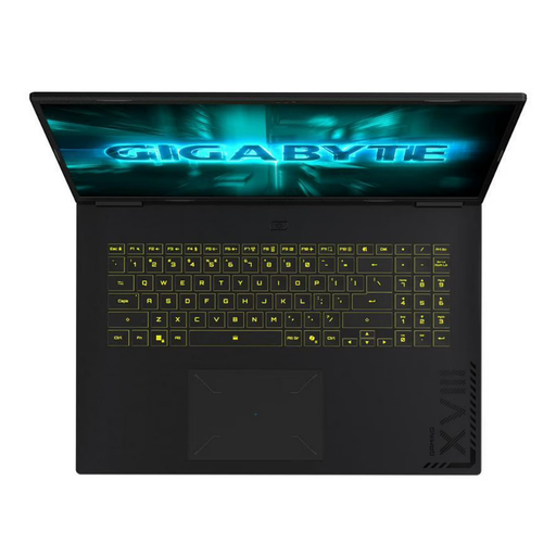 GIGABYTE gaming laptop rear view, black keyboard deck with yellow backlit keys