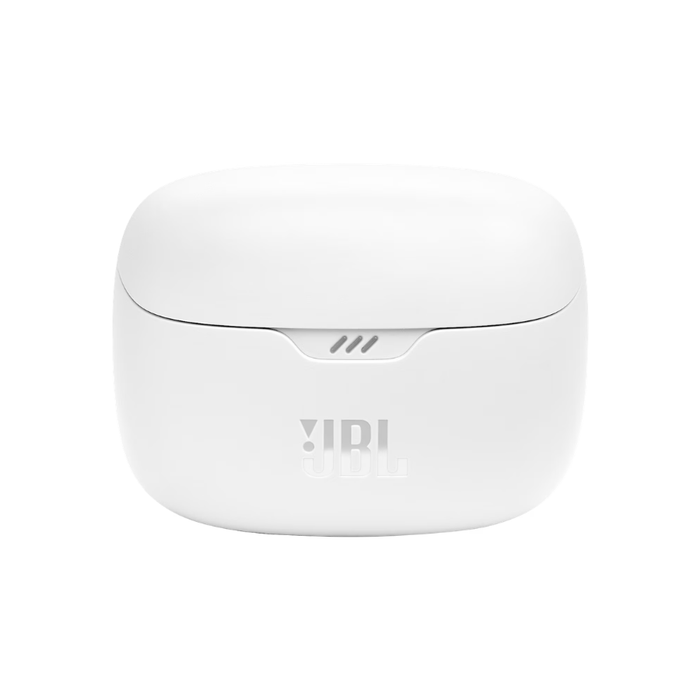 White JBL Tune Beam charging case with side buttons and JBL logo