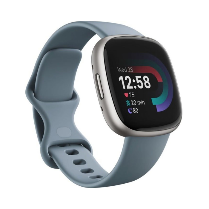 Fitbit Versa 4 fitness smartwatch with Waterfall Blue silicone band and platinum aluminum case