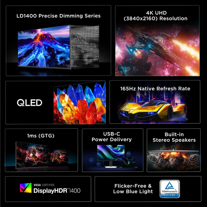 32-inch TCL R84 monitor feature tiles: 4K UHD, 165Hz, HDR1400, QLED