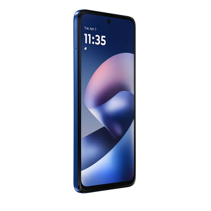 Blue smartphone angled front view with 11:35 home screen and slim bezels