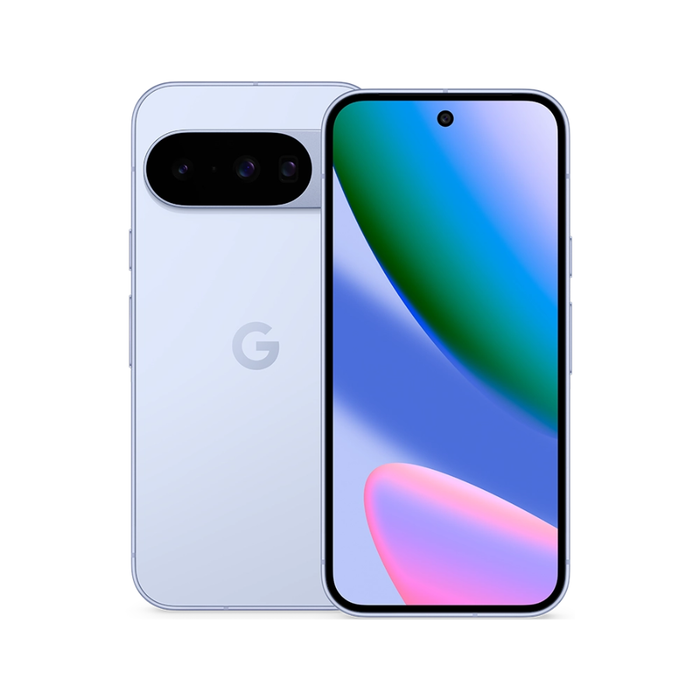 Smartphone with Frost back and front display showing blue abstract wallpaper with pink highlight.