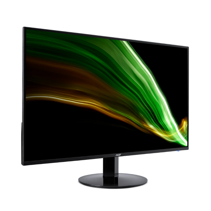 Black Acer 23.8" LED monitor on pedestal stand, angled view