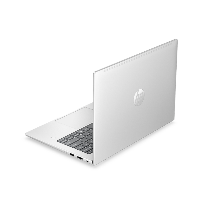 HP ProBook 14-inch laptop, silver, back of display with HP logo and keyboard edge.
