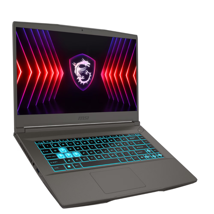 Black gaming laptop with blue backlit keyboard and MSI shield screen