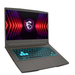 Black gaming laptop with blue backlit keyboard and MSI shield screen
