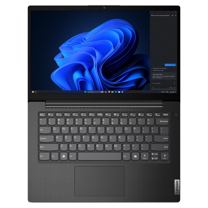 Black Lenovo laptop front view, keyboard and trackpad with screen showing blue wallpaper