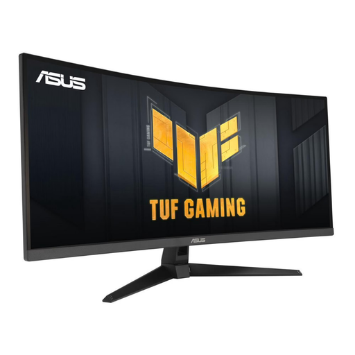Curved gaming monitor, black, showing ASUS TUF Gaming logo and base stand