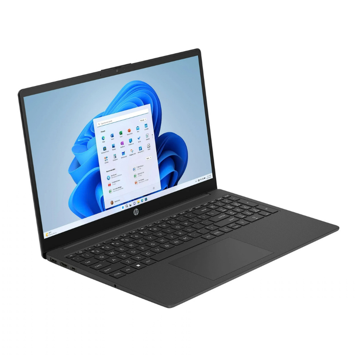15,6" Laptop matte schwarz; geöffnet, Tastatur sichtbar, Windows 11 Startmenü