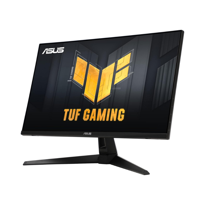 Black gaming monitor angled view showing TUF Gaming logo on screen and stand