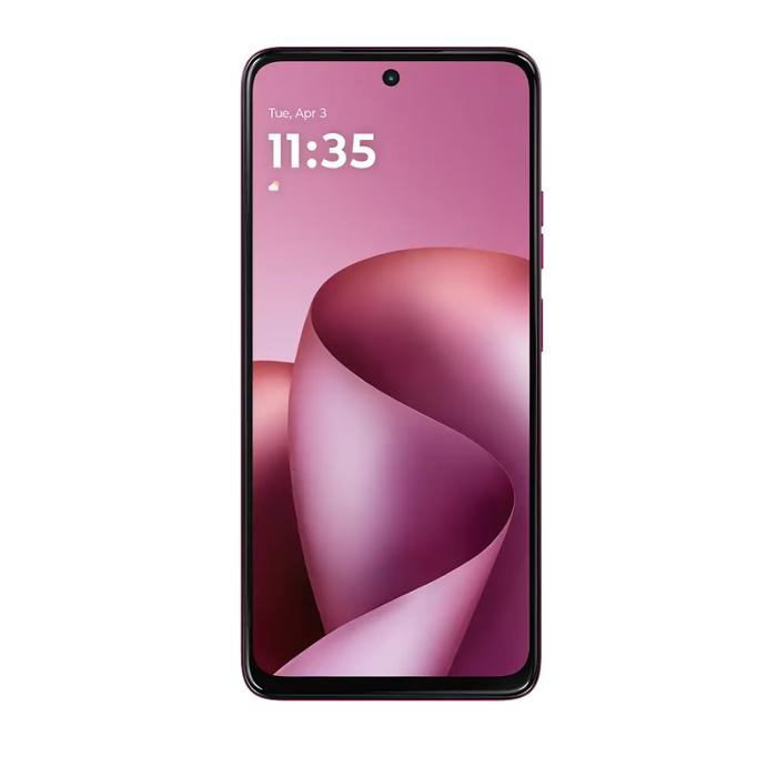 Pink smartphone front with 11:35 lock screen and front camera at top