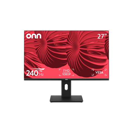 27-inch black gaming monitor with red abstract display and pedestal stand