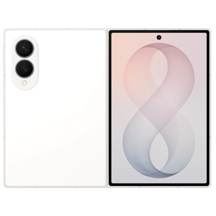 Cream foldable smartphone showing back and open front display