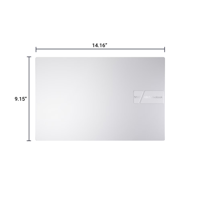 ASUS Vivobook 15 laptop size diagram: 14.16 in by 9.15 in, Cool Silver.